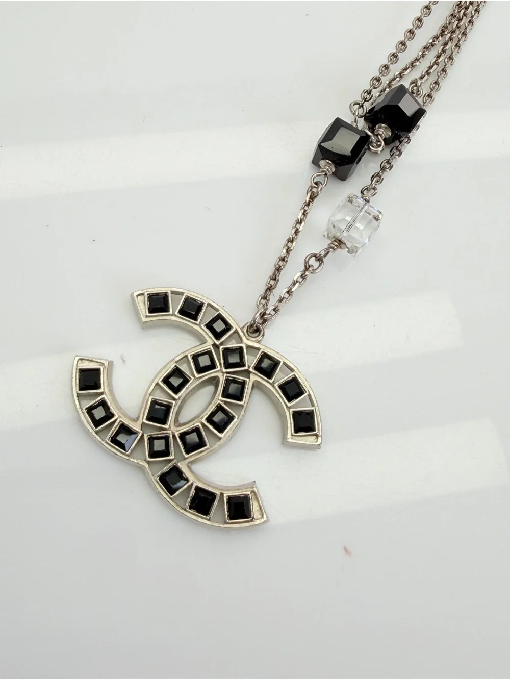 Chanel Layered Long Necklace in Silver-Tone Metal and Crystal Beads